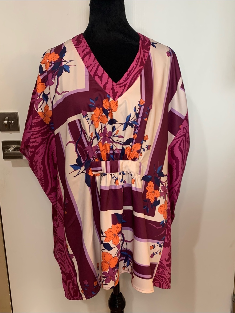 Vibrant Floral Flowy V-Neck Kaftan/Tunic Top Plum/Orange by C. Wonder